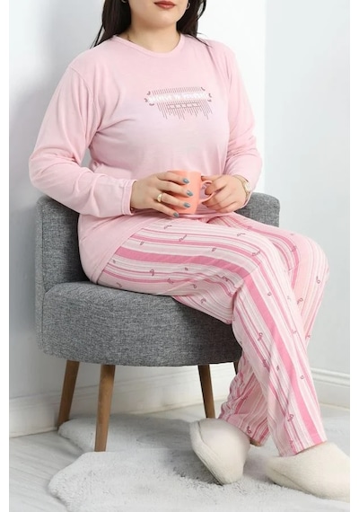 Seka Store Seka Viskon Büyük Beden Pijama Takımı Pembebeyaz - 50727.1049. Çok Renkli