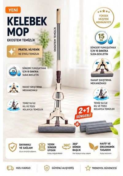 Kelebek Sıkma Mekanizmalı Mikrofiber Mop 2+1 Yedek Süngerli