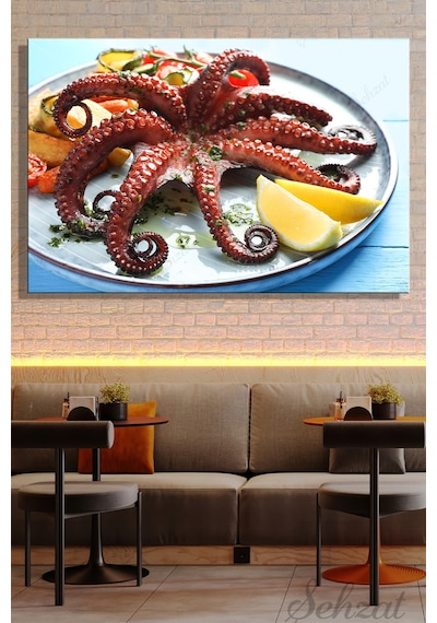 Yatay Kanvas Duvar Tablosu Tekli Lokanta Kafe Restoran Mutfak Kızarmış Sebzeli Ahtapot Deniz Ürünü