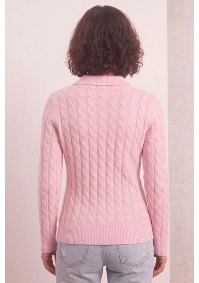 Soft&basic Kadın Düğmeli Triko Kazak Yumuşak Dokulu Saç Örgü Rahat Kalıp Pembe