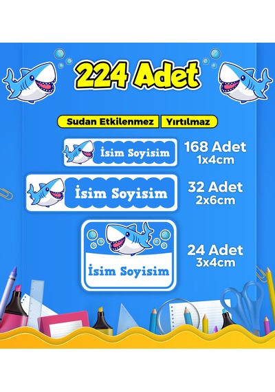 Sevimli Köpek Balığı Temalı Okul Kreş Kişiye Özel İsim Etiket Seti - Model 109 Çok Renkli