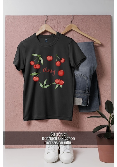 Oversize Cherry Kiraz Double Tasarımlı Unisex T-shirt Siyah