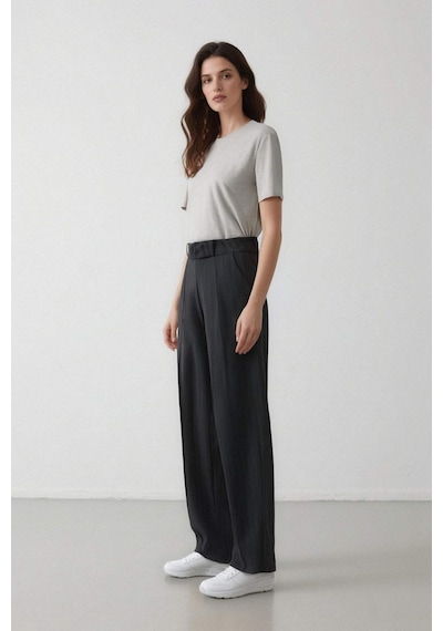 Defacto Sorbe x DeFacto Straight Fit Pantolon Yüksek Bel Çizgili Düz Paça Cepli D9921AX24AU Antrasit