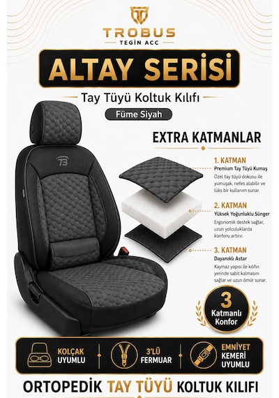 Opel Insignia 2008 Ve Sonrası Uyumlu Altay Bel Destekli Tay Tüyü Oto Koltuk Kılıfı Füme
