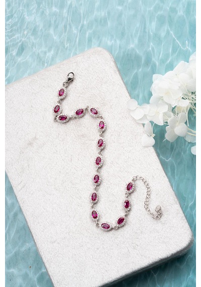 925 Ayar Gümüş Rodyumlu Sıralı Fuşya Renkli Taşlı Oval Model Bileklik Rodyum