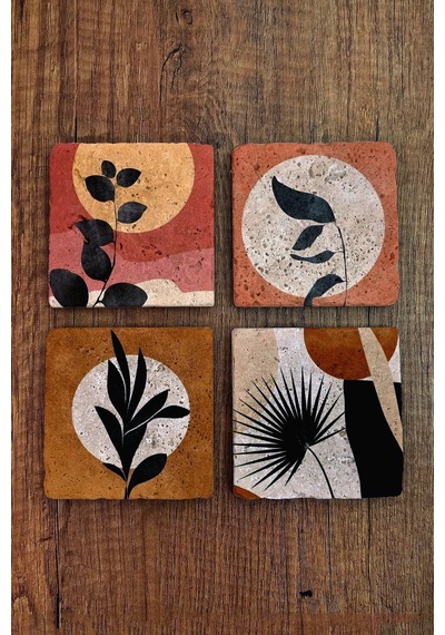 Doğal Taş Bardak Altlığı 4'lü Set - Modern Desenler Çok Renkli