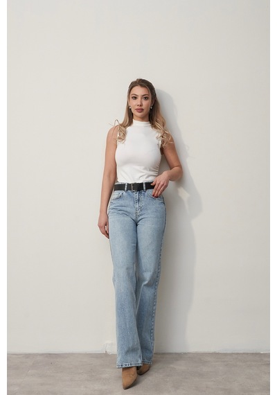 Rabia Çelik Kadın Açık Mavi Straight Fit Marka Model Jean Pantolon Mavi Mavi