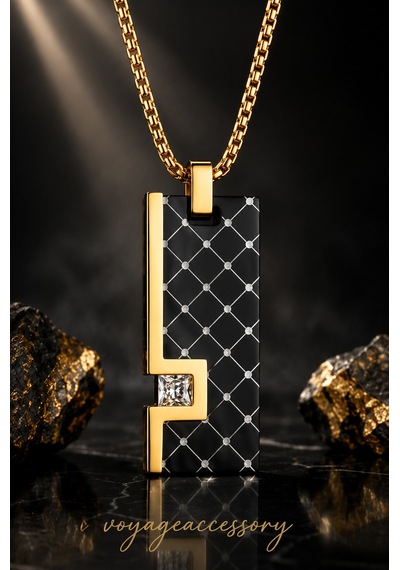 Paslanmaz Çelik Kübik Zirkon Detaylı Premium Gold Siyah Erkek Kolye Altın - Gümüş