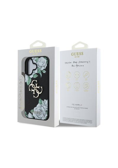 Apple Uyumlu iPhone 16 Kılıf Guess Lisanslı Gül Baskılı Büyük Metal Logo Dizaynlı Kapak Siyah