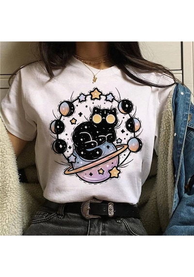 Noıssey Kırmızı Etiket Gala Kısa Kollu T-shirt, Sevimli Kediler Mod673 16890 Beyaz