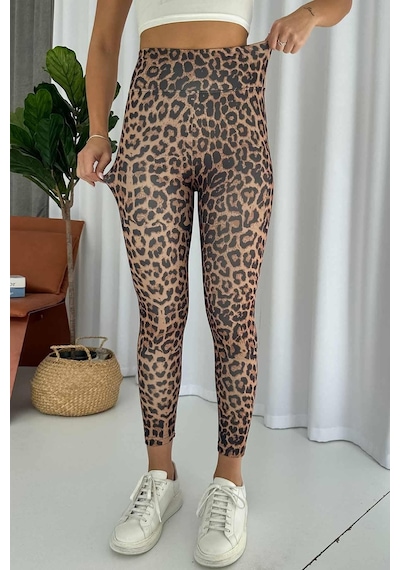 Leopar Desen İçi Şardonlu Kadın Toparlayıcı Tayt - Kahverengi Kahverengi