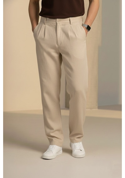 Bürke Çift Pileli Krem/Bej Beli Yarım Lastikli Kaliteli Keten Görünümlü Baggy Pantolon