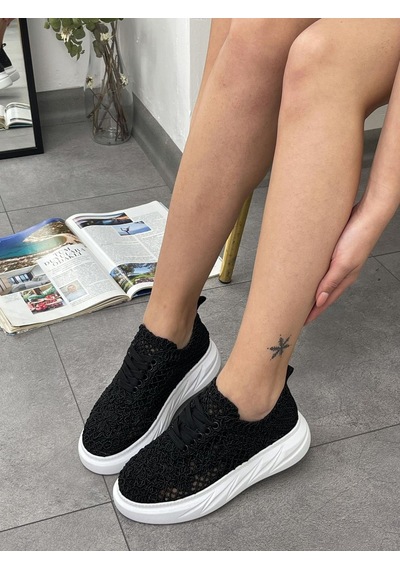 Erva'nın Butiği Siyah Dantel Lace Bağcıklı Kadın Sneakers-5404