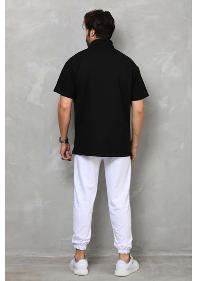 Erkek Yarım Fermuarlı Düz Oversize T-shirt - Siyah