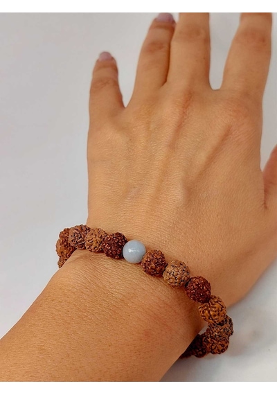Angelit Taşlı Rudraksha Tohum Unisex Bileklik 8mm Kahverengi