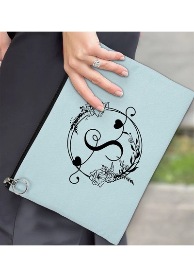 Bk Gift Kişiye Özel Harfli Astarlı Açık Mavi Portföy Çanta 30x21cm, Baskılı El Çantası, Organizer Çanta