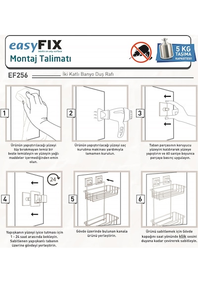 Teknotel Yapışkanlı Iki Katlı Banyo Duş Rafı Krom Ef256 Çok Renkli