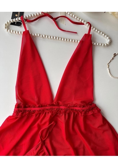 Kadın Boyundan Bağlamalı Derin Dekolte Tül Mini Gecelik/babydoll Kırmızı