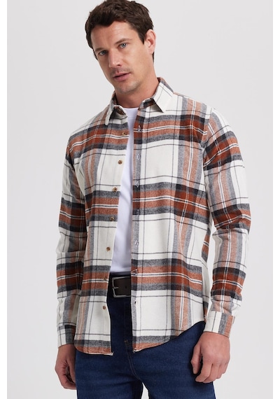 Tudors Erkek Slim Fit Dar Kesim Kareli Kışlık Oduncu Gömlek-42379 Ekru