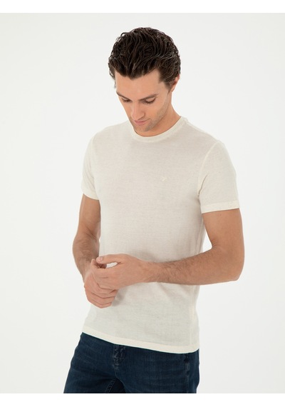 Ekru Slim Fit Keten Karışımlı Bisiklet Yaka T-shirt 15469610