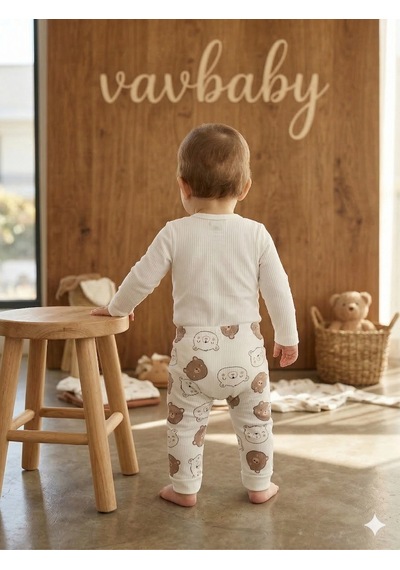Vavbaby 2li Desenli %100 Pamuklu Kız Bebek Body Pantolon Takım-ayıcık Kahverengi