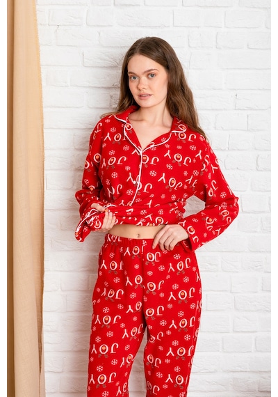 Nisanca Kışlık Yılbaşı Desenli Kadın Gömlek Polar Pijama Takımı- Geyikli Yılbaşı Pijaması- Büyük Beden Pijama Kırmızı