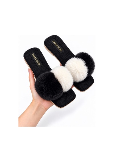 Dabab Shoes Pomella Kadın Siyah Çift Ponponlu Peluş Bantlı Kaymaz Tabanlı Önü Açık Ev Terliği Dabab Shoes Pomella Kadın Siyah Çift Ponponlu Peluş Bantlı Kaymaz Tabanlı Önü Açık Ev Terliği