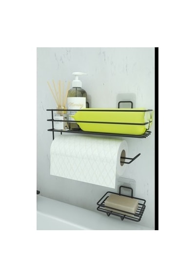Metal Sabunluk Ve Kağıt Havlu Tutacağı İle Banyo Rafı Seti Açık Kahverengi