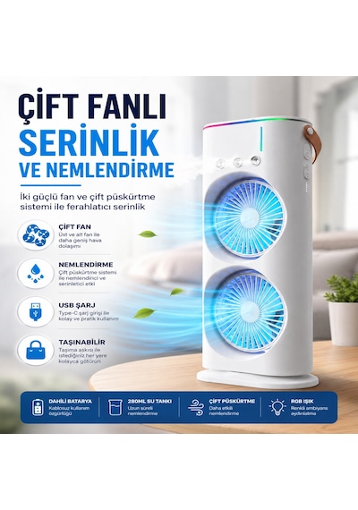 Çift Fanlı Nemlendirmeli Masaüstü Vantilatör Usb Şarjlı 3 Kademeli Hız Ayarlı 360 Dönebilen Fanlı Taşınabilir Hava Serinletici