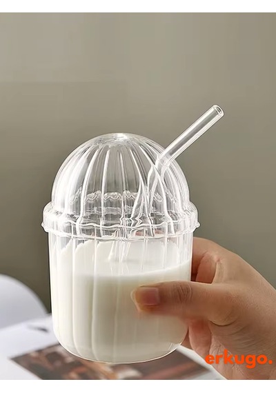 Cam Kapaklı Pipetli Borosilikat Sunum Bardağı, Isıya Dayanıklı Bardak, Kahve Bardağı 450 Ml Mocha