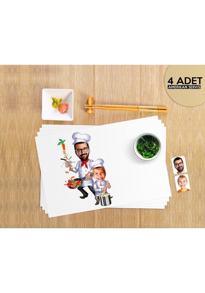 Bk Gift Kişiye Özel Baba Oğul Chef Karikatürlü 4 Adet Amerikan Servis Seti Çok Renkli