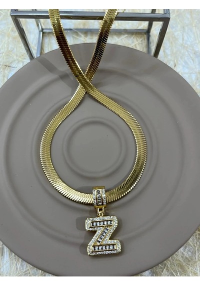 Premium Gold Renk 316l Çelik Z Harf Model Parlak Ve Şık Taşlı Vıp Seri Kolye 45cm Altın