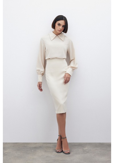 Sateen Düz Kalem Etek - Bej