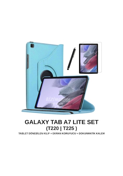 Samsung Galaxy Tab A7 Lite Sm T220 T225 Dönebilen Tablet Kılıfı + Ekran Koruyucu + Kalem Set 8.7 Inç Kapaklı Kılıf