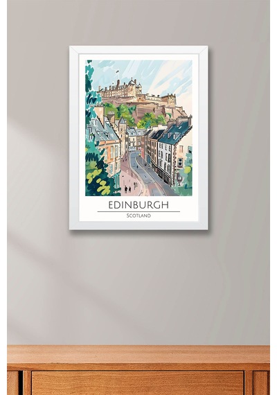 İskoçya Edinburgh Temalı Çerçeveli Tablo Travel Serisi Modern İllüstrasyon Şehir Duvar Dekoru Beyaz
