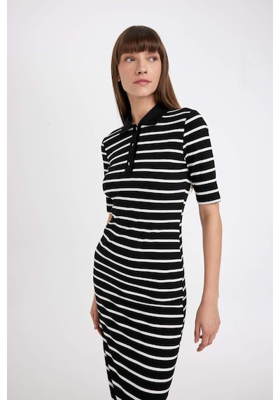 Defacto Bodycon Vücuda Oturan Düğmeli Polo Yaka Çizgili Fitilli Kaşkorse Yarım Kol Midi Elbise D5864AX24AU Siyah