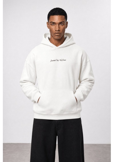Respire Erkek Essentials Nakışlı Oversize Hoodie Ekru