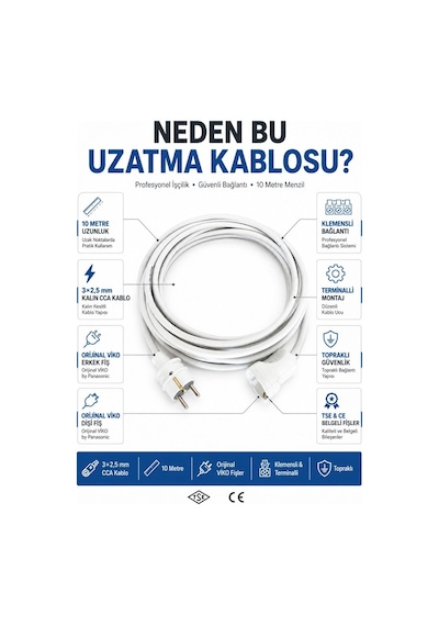 Viko Seyyar Uzatma Kablosu 10 Metre 3x2.5 Mm Cca Kablo Viko Erkek Dişi Fiş Klemensli Terminalli Topraklı Tse Ce Belgeli 10 M