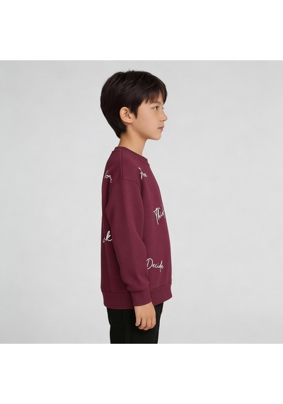King-Brich Bisiklet Yaka Nakışlı Oversize Kalıp Çocuk Sweatshirt Bordo