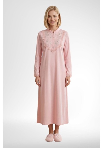 Mecit Pijama Mecit 6376 Somon Kadın %100 Pamuk Uzun Kollu Gecelik