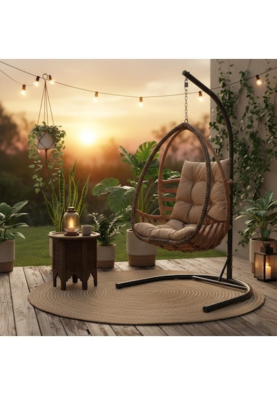 Rehome Malta Tek Kişilik Rattan Bahçe Salıncağı Açık Kahve Açık Kahverengi