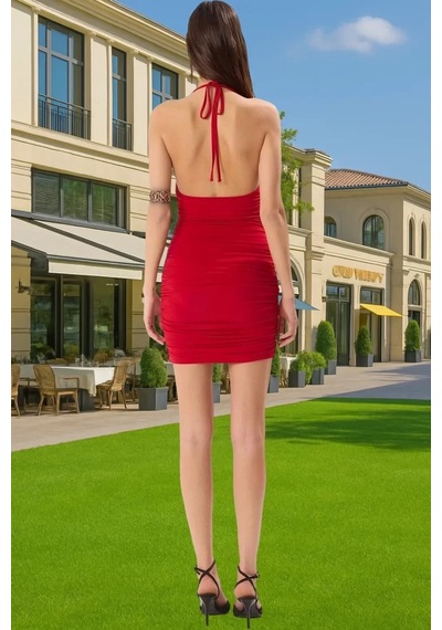Ersefa Yazlık Kısa Elbise Bodycon Degaje Yaka Polyester Elastan Mini Abi Kırmızı