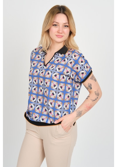 Ella Camelia Kadın Desenli Polo Yaka Beli Ve Kolları Lastikli Bluz 24e107 Mavi Mavi