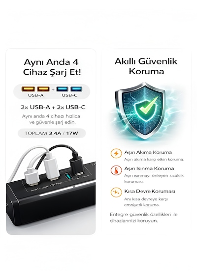 3680w 1050j Akım Korumalı 5li Priz 2 Usb 2 Type-c 3.4a Dokunmatik Led Anahtarlı 2m Kablo Çoklu Priz Siyah