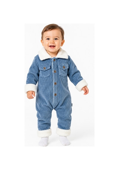 Chicsy Baby Tatlı Premium Çizgili Kadife İçi Peluşlu Welsoft Detaylı Düğmeli Cepli Erkek Bebek Tulum Mavi