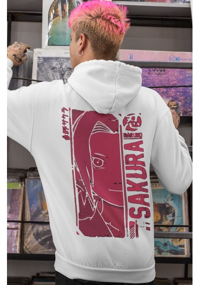 Sevbano Sakura Haruno Naruto Anime Sırt Baskılı Unisex Oversize Penye Hoo beyaz