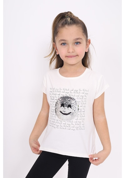 Toontoy Kids Toontoy Kız Çocuk Gülen Yüz Pullu Nakış Tişört Ekru