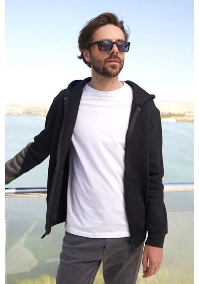 Fullamoda 3 İplik Fermuarlı Kanguru Cepli Sweatshirt Siyah