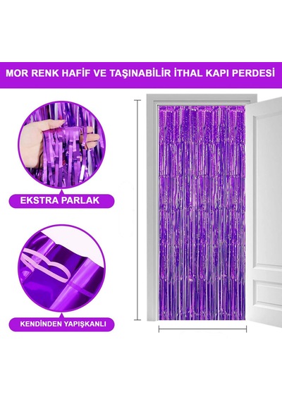 Mor - 4 - Renk Ekstra Metalize Parlak Saçaklı Arka Fon Perde İthal A Kalite - Csmo-tex - 1x2 Metre Tüm Yaşlar