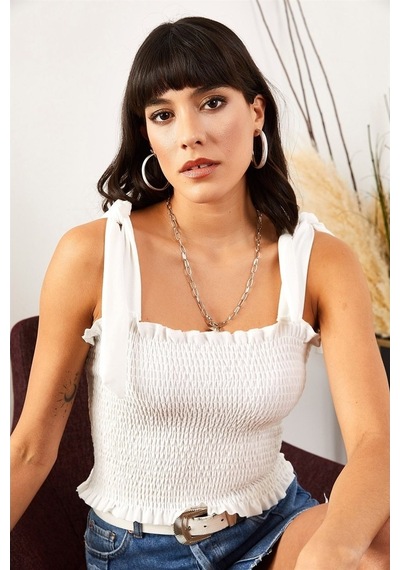 Aqe Fashion Kadın Beyaz Askılı Crop Bluz-Beyaz